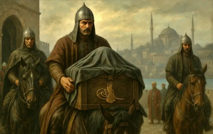 Osmanlı zırhlı askerlerinin at üzerinde ilerlediği, örtülü bir sandık taşıdıkları ve arka planda İstanbul siluetinin göründüğü tarihî sahne betimlemesi.